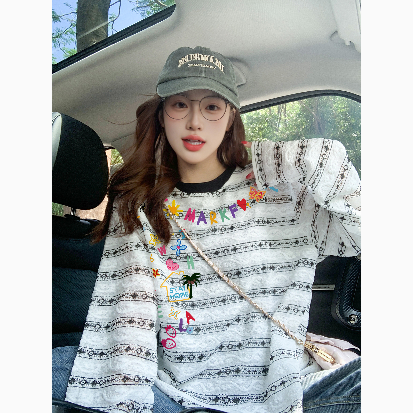 白色蕾丝条纹卡通长袖t恤女夏季宽松慵懒风潮牌薄款防晒罩衫上衣