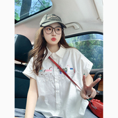 衬衫 女夏季 2025新款 白色短袖 设计感正肩宽松防晒小飞袖 上衣衬衣女