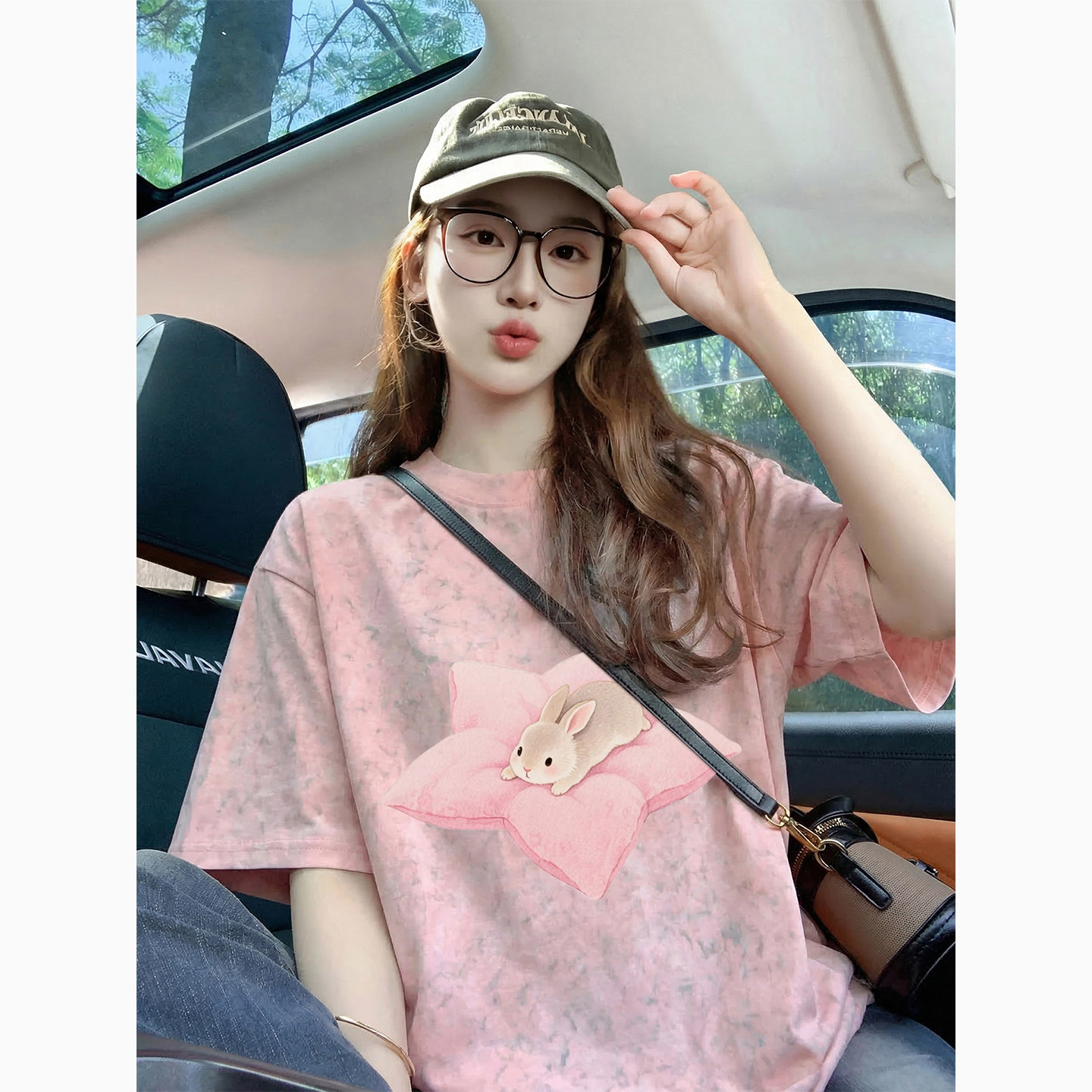 粉色小兔子短袖t恤女夏季纯棉2026新款爆款宽松大码印花上衣体恤