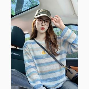 2026新款 t恤女夏季 宽松减龄高级感休闲上衣 长袖 蓝色轻薄防晒罩衫