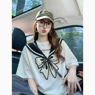 立体蝴蝶结刺绣短袖t恤女2026新款夏季韩系减龄设计感纯棉上衣ins