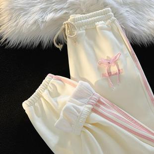 直筒潮牌运动卫裤 宽松束脚休闲裤 子女秋冬2024新款 杏色加厚加绒裤