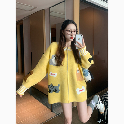 黄色趣味小狗毛衣外套女2025新款秋冬加厚童趣风宽松针织开衫上衣