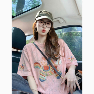 减龄松弛感上衣体恤 2026新款 粉色扎染小马卡通潮牌短袖 t恤女夏季