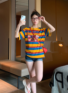 时尚潮流橙色条纹短袖t恤女夏季宽松正肩显白显瘦慵懒风上衣半袖