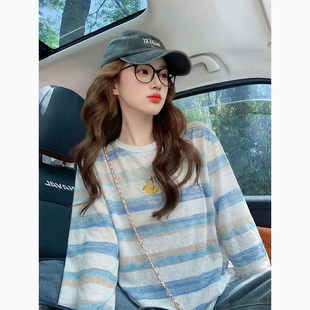 蓝色轻薄防晒罩衫长袖t恤女夏季2026新款宽松减龄高级感休闲上衣