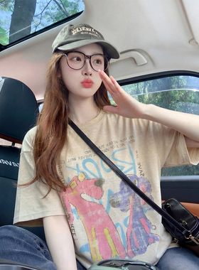 灰色卡通印花短袖t恤女夏季2026新款小众减龄慵懒高级感潮牌上衣
