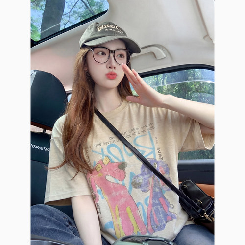 灰色卡通印花短袖t恤女夏季2026新款小众减龄慵懒高级感潮牌上衣