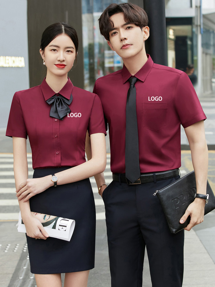 男女同款夏季正装职业衬衣酒红色工作服套装短袖衬衫定制刺绣logo,男装,衬衫,淘宝优惠券,粉丝福利购,淘宝优惠卷