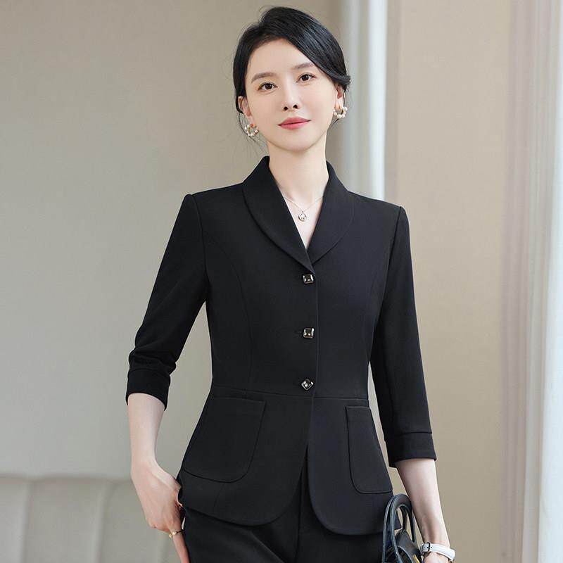 黑色中袖西装外套女薄款三粒扣夏季新款职业装酒店经理前台工作服