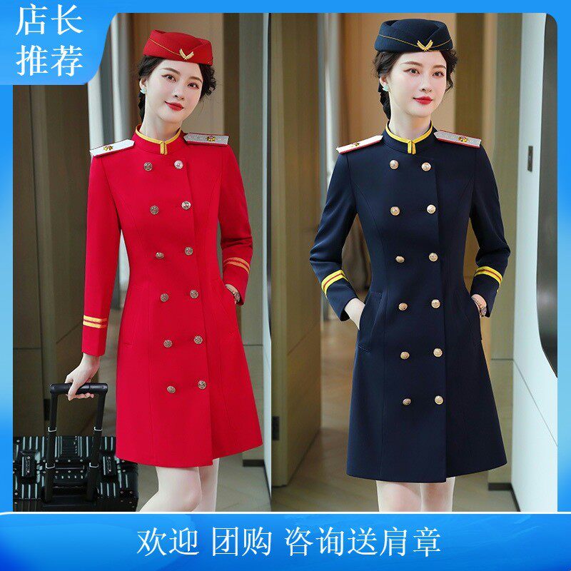 大红色中长款连衣裙空姐大衣管乐队打军鼓服装升旗手合唱团演出服