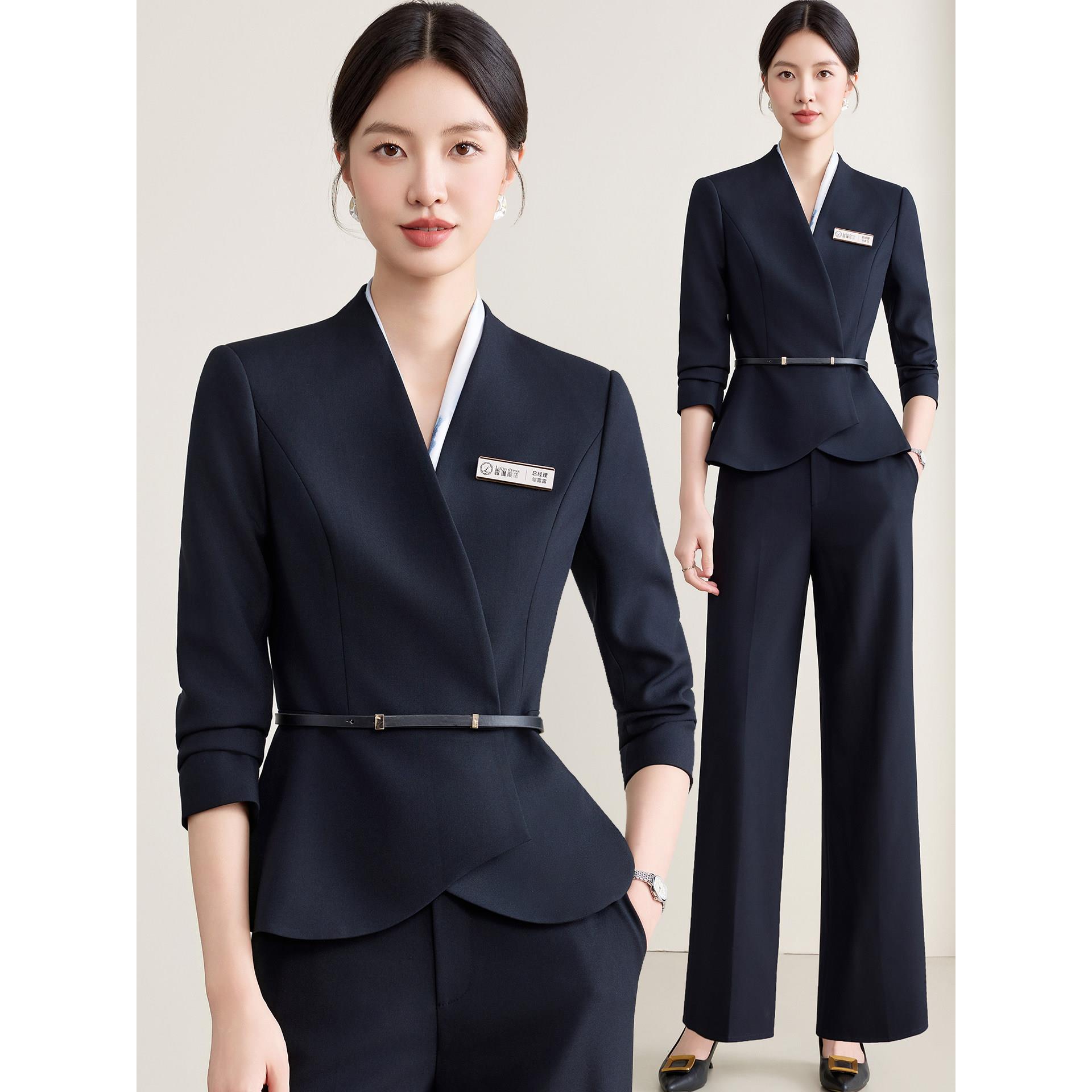 高级感藏青西装套装女阔腿裤春秋新款美容珠宝金店酒店西服工作服