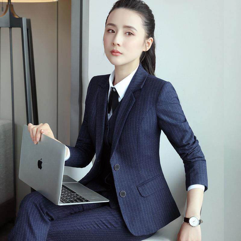 蓝色条纹西装套装女秋冬气质高端商务酒店经理职业正装外套工作服