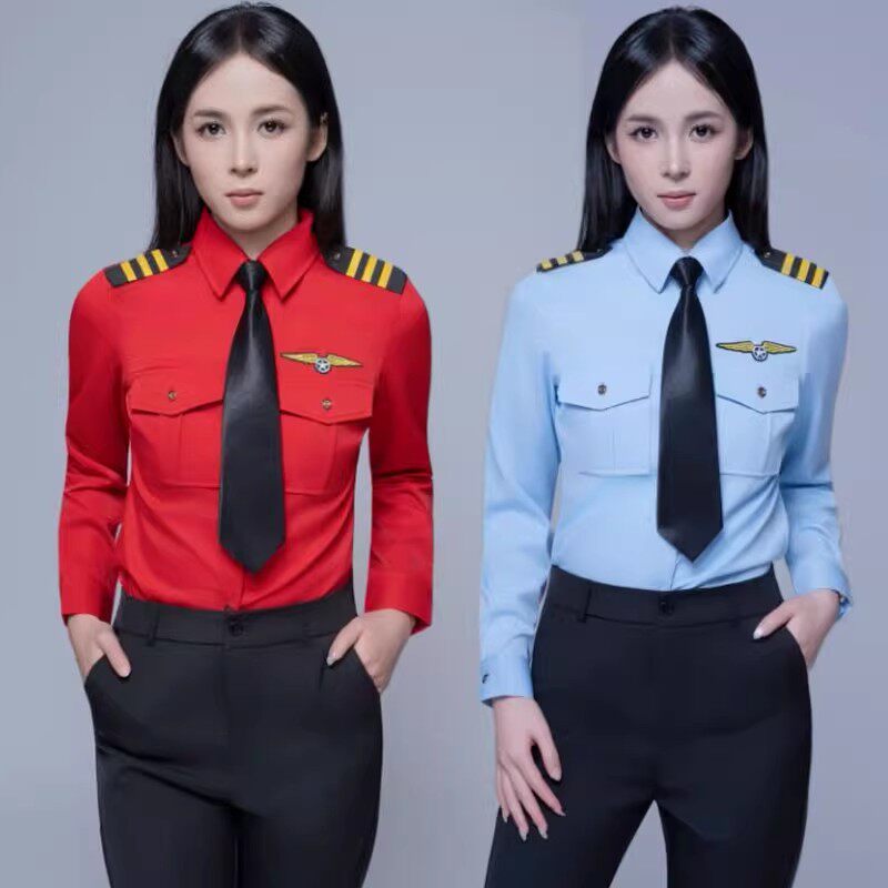 军鼓男女演出服衬衫制服长袖衬衫工作服机长空姐空少乐队红色服装