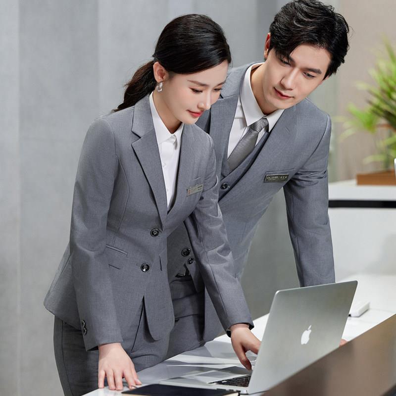 灰色商务职业男女同款西服三件套正装银行别克4S工作服销售楼马甲