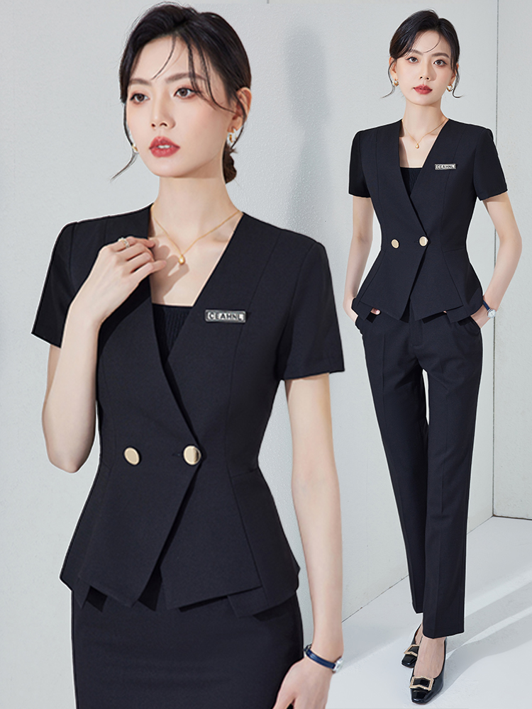 黑色短袖西装外套女夏季新款美容院工作服前台接待职业装西服套装
