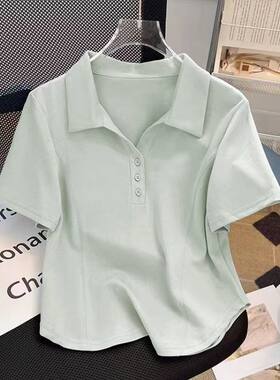 大码polo翻领短袖T恤女弧形下摆