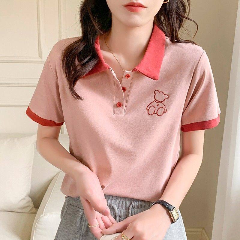 粉色POLO领短袖t恤女夏翻领刺绣