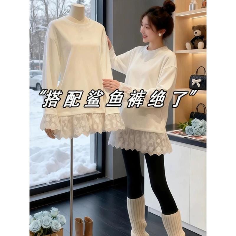 欧货搭配鲨鱼裤白色长袖t恤女蕾丝衫秋冬加绒中长打底衫遮屁股春,女装/女士精品,蕾丝衫/雪纺衫,淘宝优惠券,粉丝福利购,淘宝优惠卷