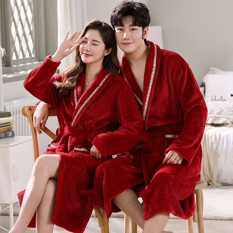 睡袍女冬季加长款法兰绒情侣款浴袍大码晨袍男加厚春秋睡衣家居服