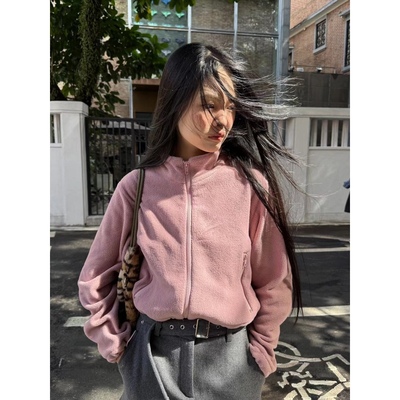 日了个韩｜宽松时髦保暖短款立领颗粒绒开衫卫衣摇粒绒夹克外套女