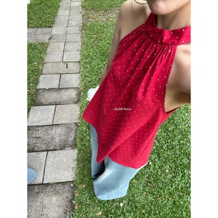 日了个韩｜时髦蝴蝶结绑带挂脖立领显瘦棉麻波点漏肩无袖背心上衣