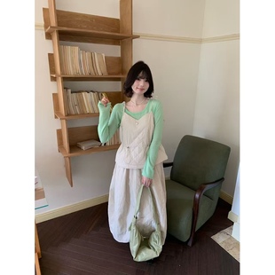 日了个韩|宽松设计款叠穿收腰抽绳菱格夹棉吊带背心+半身裙套装