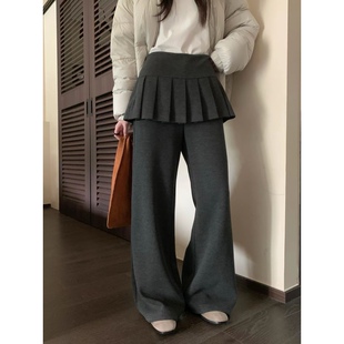日了个韩|宽松高腰显瘦甜美俏皮拼接百褶半身裙假两件加绒打底裤