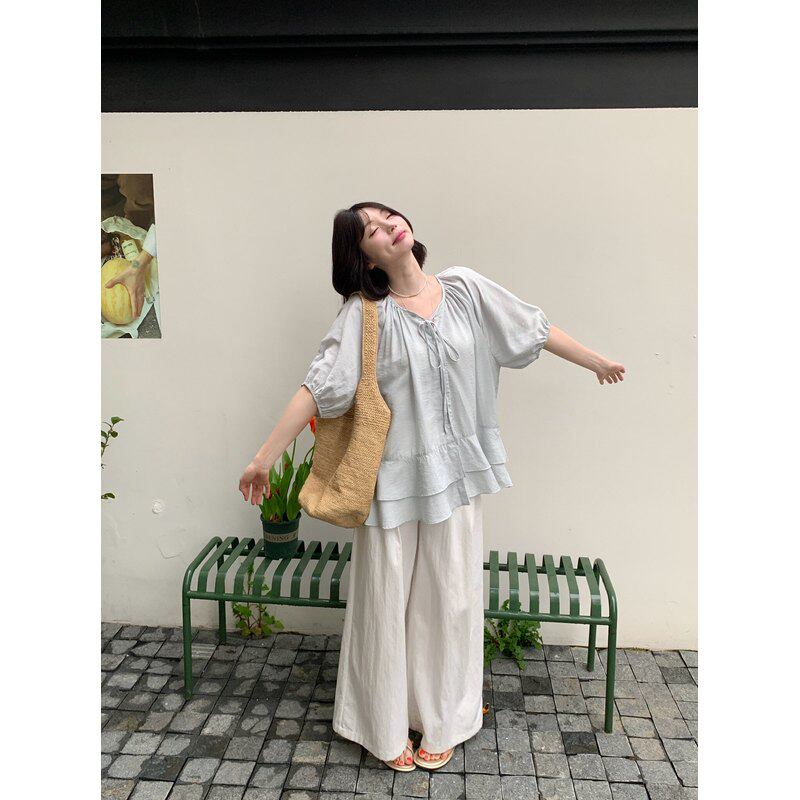 日了个韩｜宽松甜美减龄蝴蝶结绑带褶皱泡泡袖荷叶花边短袖衬衫女