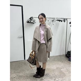 日了个韩｜廓形双面羊绒腰带收腰大翻领羊毛呢子大衣+半身裙套装