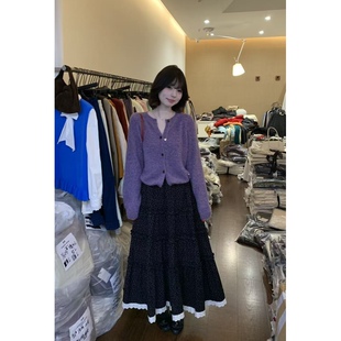 日了个韩｜宽松时髦高腰显瘦拼接蕾丝花边加厚碎花半身裙A字裙女