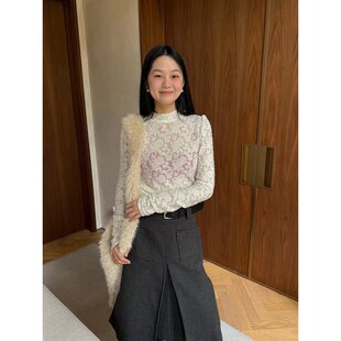 日了个韩｜百搭神器～亲肤显瘦透视立领钩花蕾丝打底衫内搭打底T