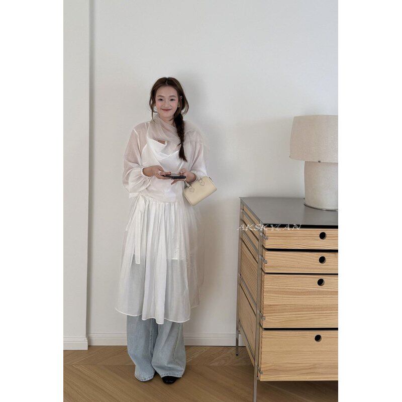 日了个韩｜宽松慵懒风荡领拼接百褶系带收腰显瘦中长款长袖连衣裙