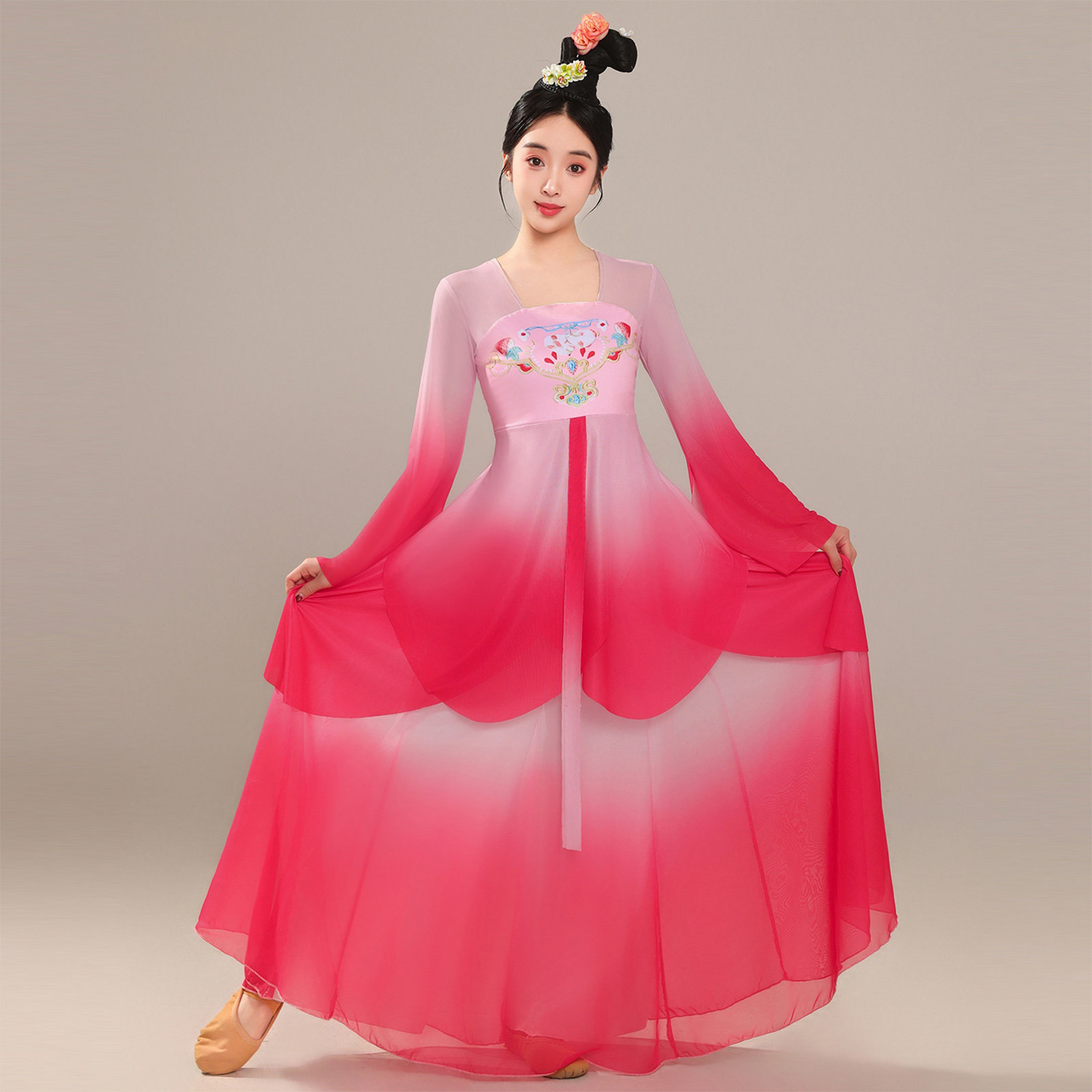 古典舞蹈服女中式粉红身韵渐变长袖飘逸大裙摆舞台装中国风表演服