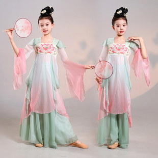 儿童中国舞蹈服飘逸齐胸汉唐纱衣古典舞扇子舞女童大摆裙演出服装