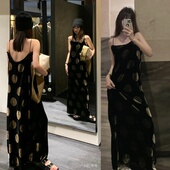 对版 小众设计uma风复古波点真丝丝绒吊带连衣裙长裙