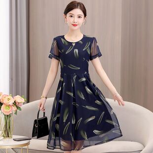 2026夏季优雅风藏青羽毛印花连衣裙女圆领短袖收腰显瘦小个子裙子