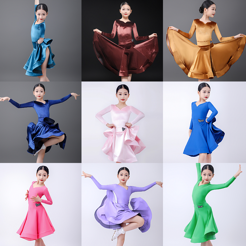拉丁舞服女童标准赛服高档春秋艺考考级舞蹈裙国际规定儿童女比赛