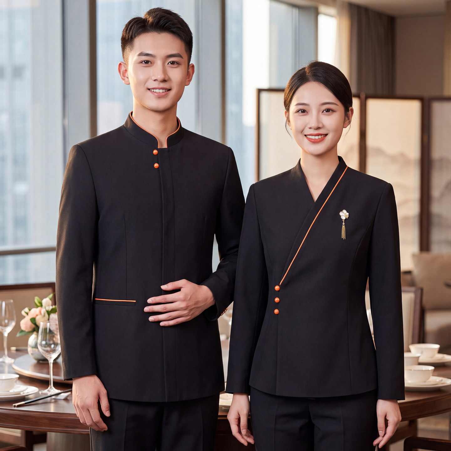 中式餐饮服务员工作服长袖秋冬款餐厅酒店饭店茶楼传菜女制服定制