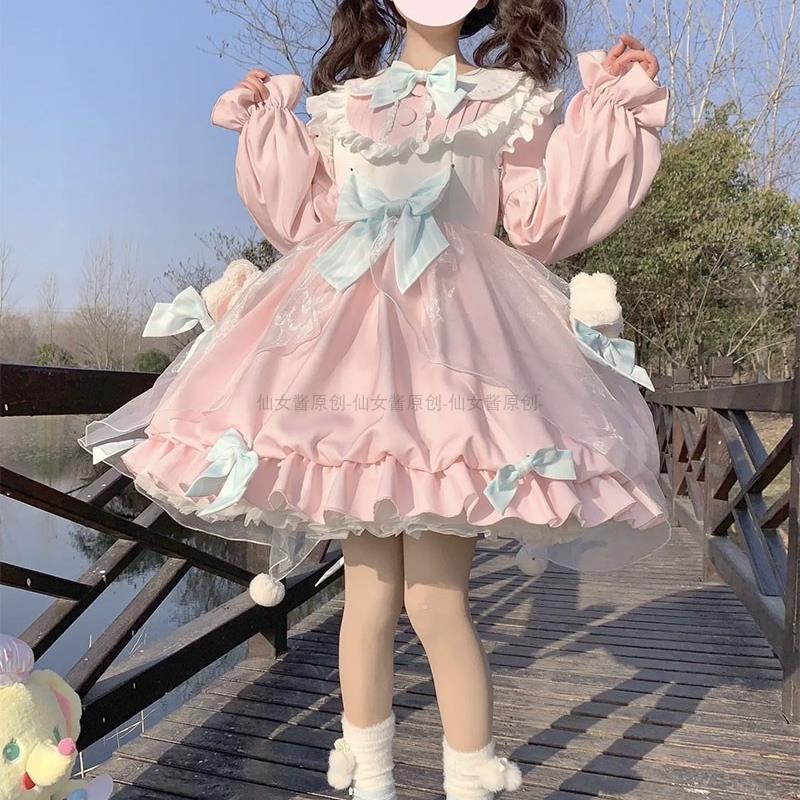 小甜熊lolita长袖op秋冬新款原创软妹拖尾公主蝴蝶结罗莉塔洋装