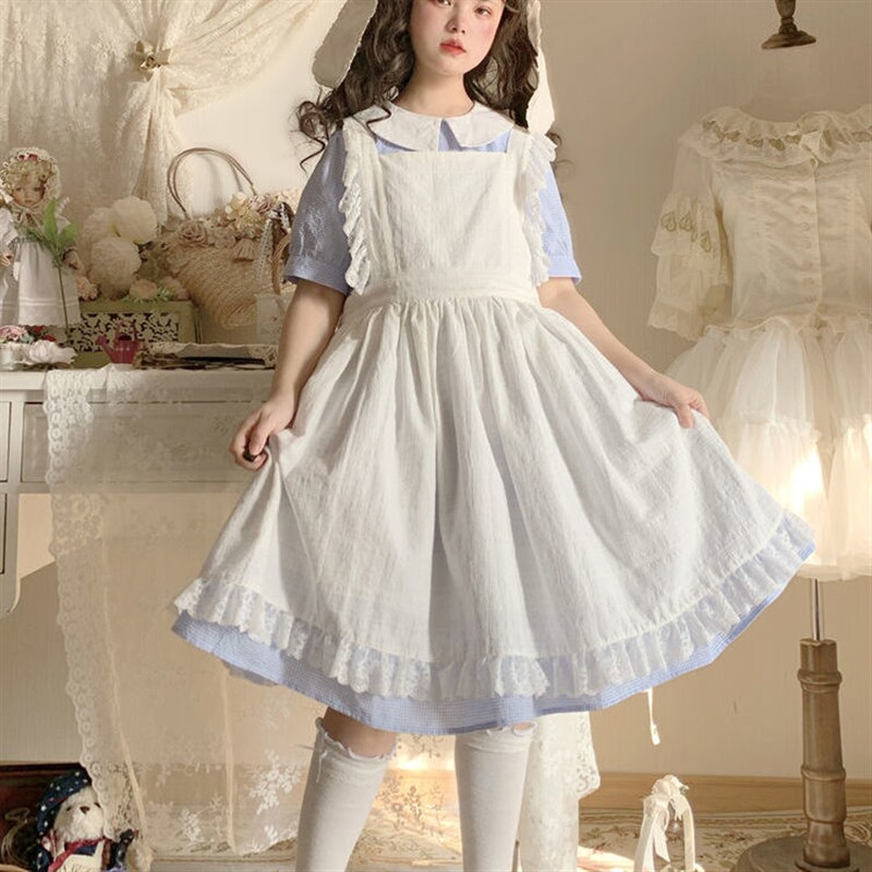 Lolita蕾丝拼接白色外搭背带罩裙女洛丽塔