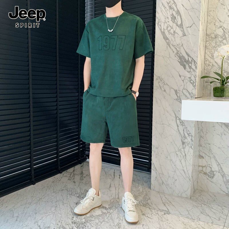 JEEPSPIRIT吉普宽松圆领短袖短裤男士两件套夏季休闲时尚运动套装