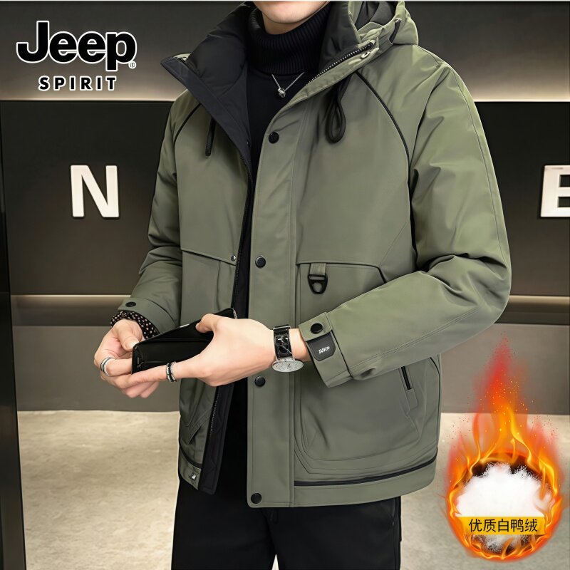 JEEP SPIRIT 吉普羽绒服外套短款宽松连帽冬季白鸭绒防寒保暖男装