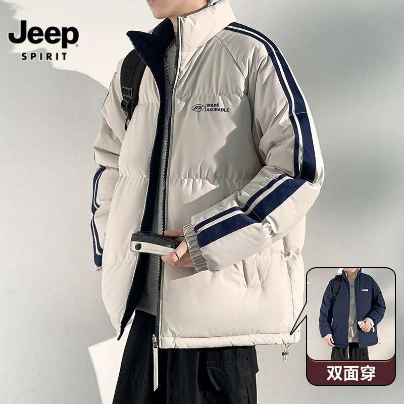 JEEPSPIRIT吉普双面穿条纹棉衣冬季加厚立领休闲风宽松保暖外套男