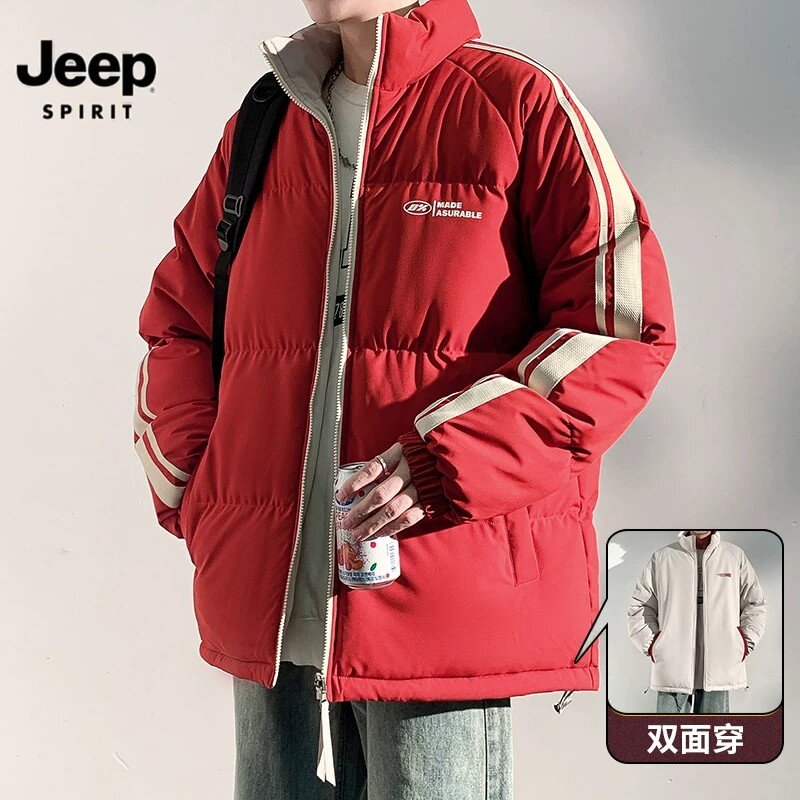 JEEPSPIRIT吉普双面穿条纹棉衣冬季加厚立领休闲风宽松保暖外套男