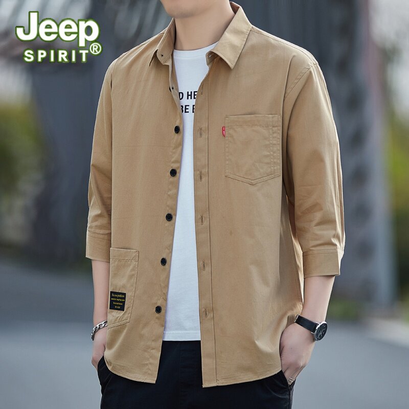 JEEP SPIRIT纯棉七分袖衬衫男士夏季新款青年宽松透气吸汗速干衣