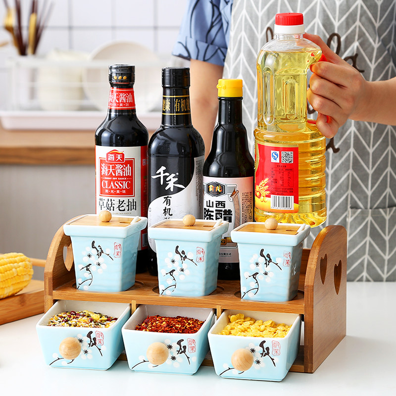 厨房家用陶瓷调味罐调料盒双层收纳架套装玻璃调料瓶装盐罐组合装
