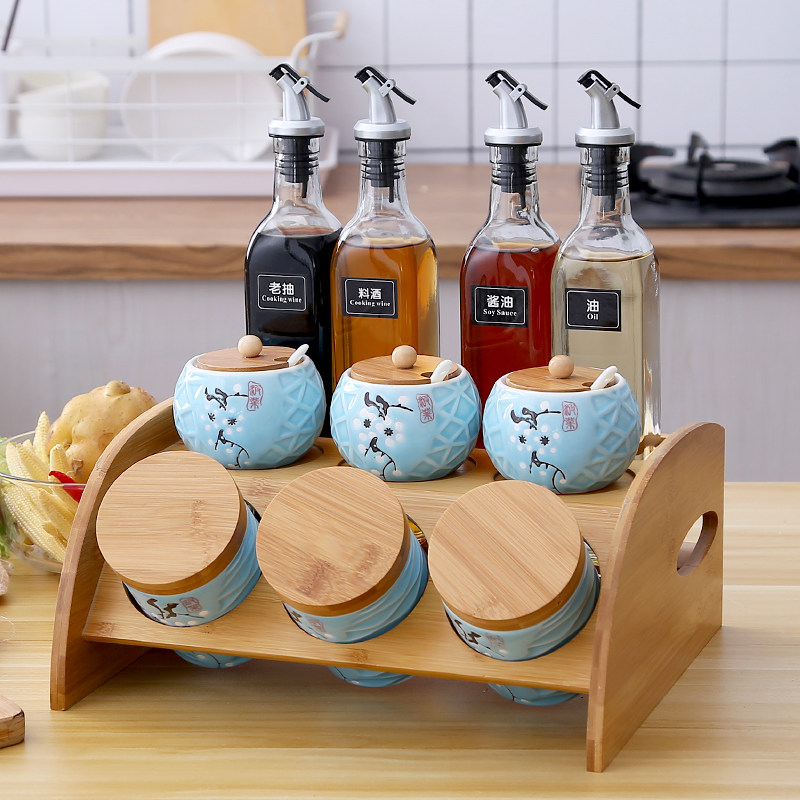 中式厨房储物罐陶瓷调料盒盐罐调味罐麻油辣椒有盖收纳盒油瓶套装