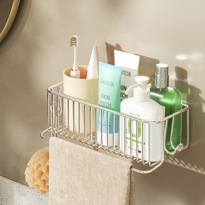 单人牙刷牙杯置物架毛巾架毛巾杆一体收纳架不锈钢免打孔挂墙式