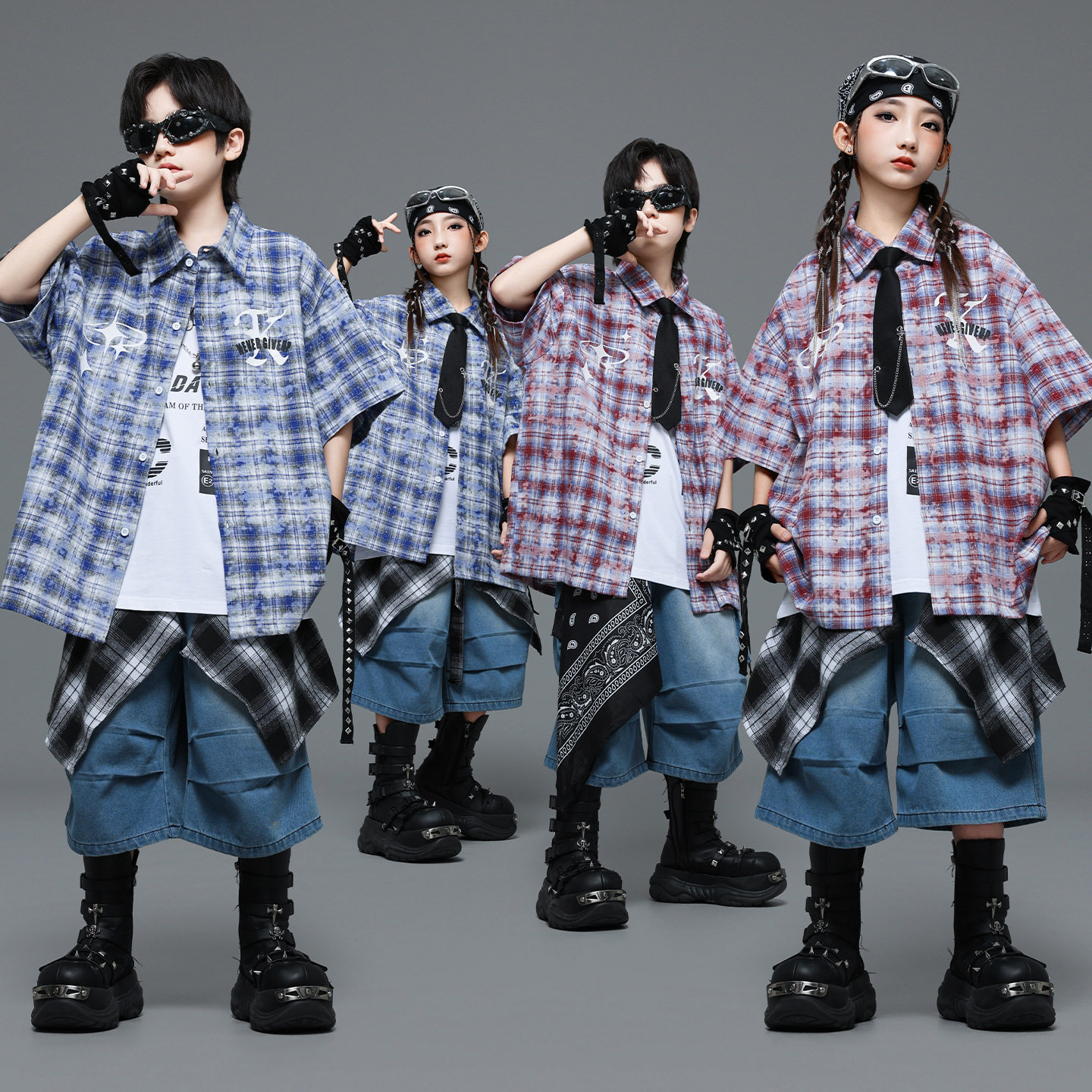 儿童街舞潮服少儿短袖格子衬衫男孩架子鼓表演服女生嘻哈风演出服